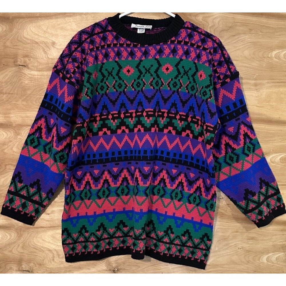 VINTAGE 80's SWEATER XL? Colorful Private Eyes ARTSY ADULT LARGE PULLOVER